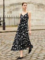 19 Momme Mulberry Silk Iris Printed Women Maxi Spaghetti Strap Dress With Scrunchie GOELIA