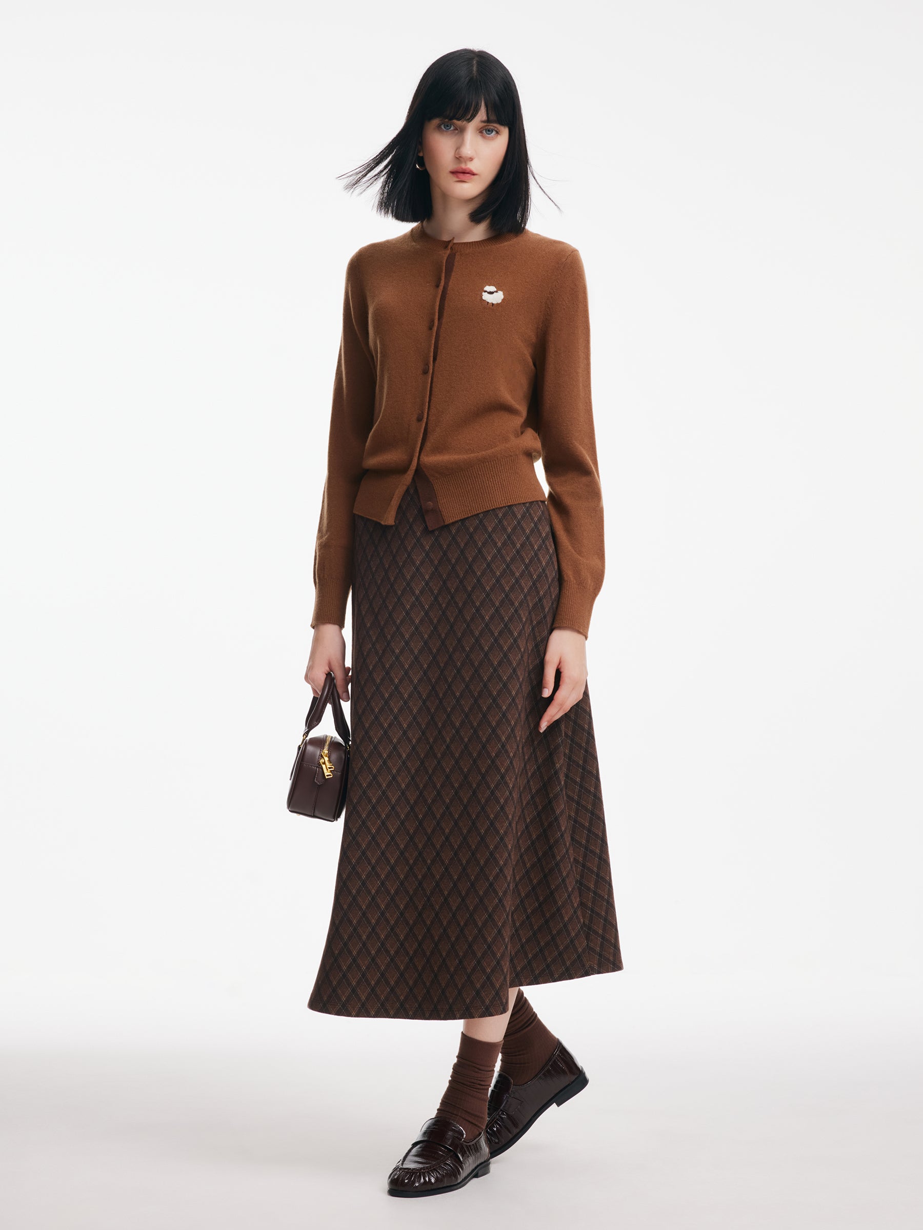 100% Wool Cardigan And Plaid A-Line Skirt Two-Piece Set GOELIA