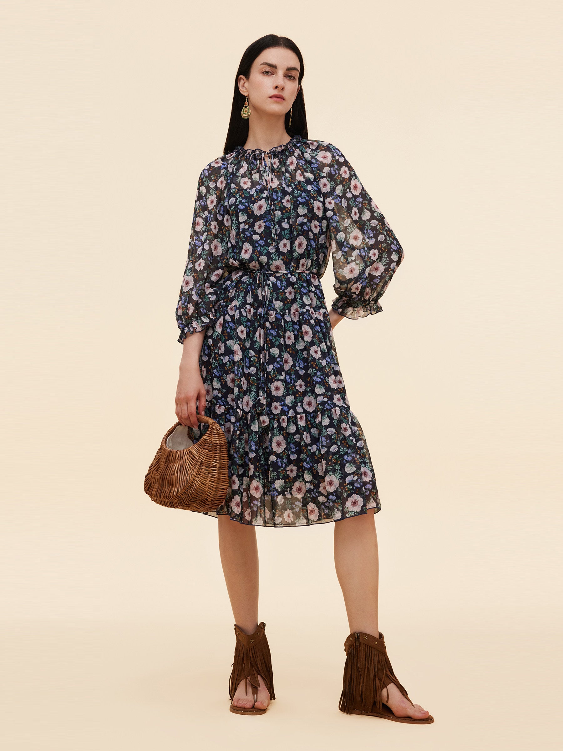 10MM Mulberry Silk Floral Print Women Ruffle Collar Midi Dress GOELIA