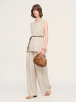 100% Linen Braided Neck Tank Top And Pants Two-Piece Set With Beaded Belt GOELIA
