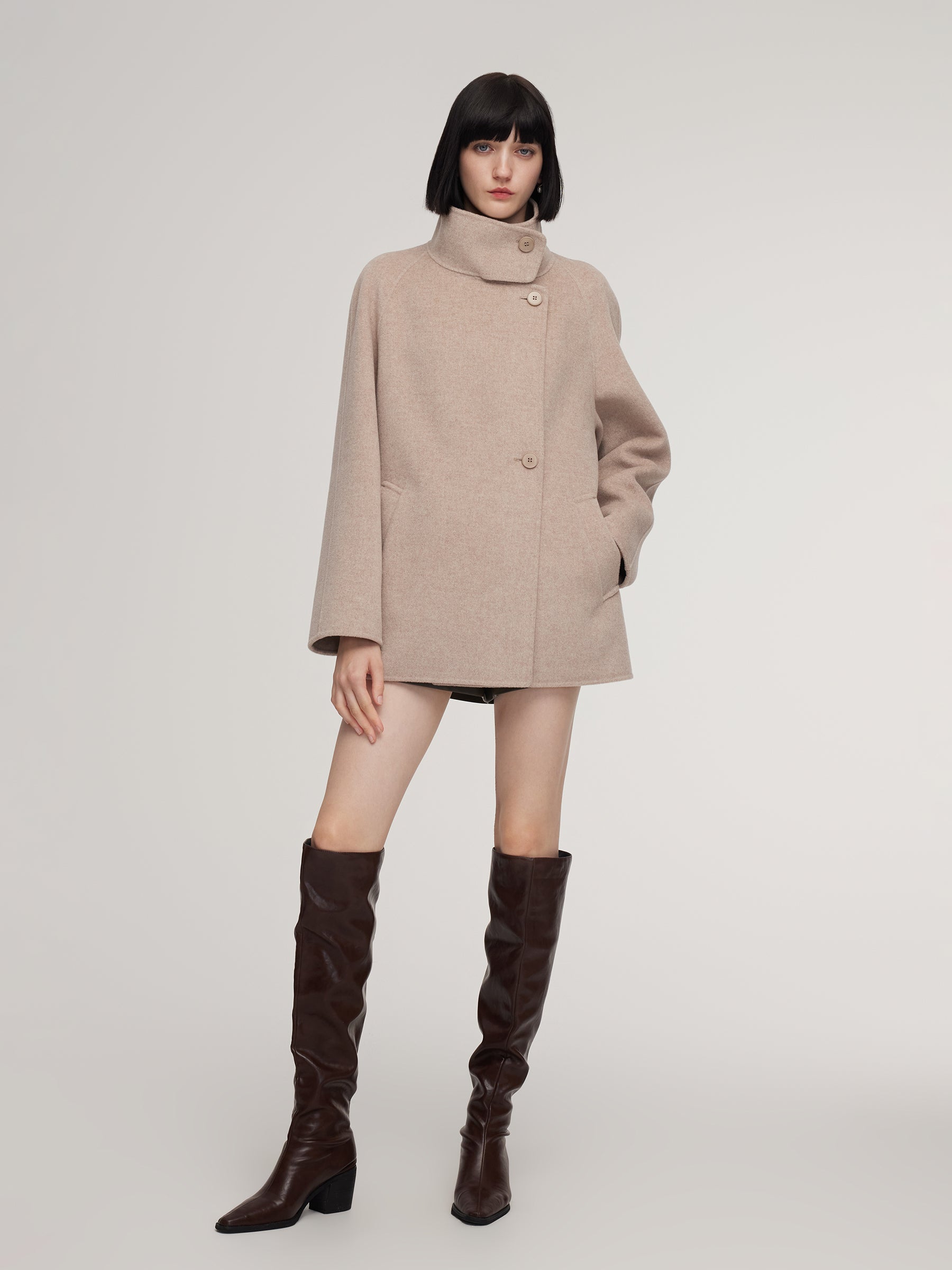 Cashmere Wool Blend Funnel Neck Women Coat GOELIA