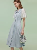 Denim Patchwork Women Puff-sleeved Midi Dress GOELIA