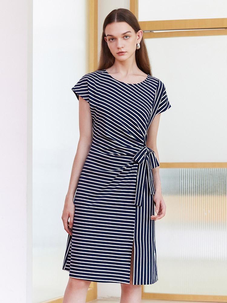 Navy Blue Stripe Wrap Mini Dress GOELIA