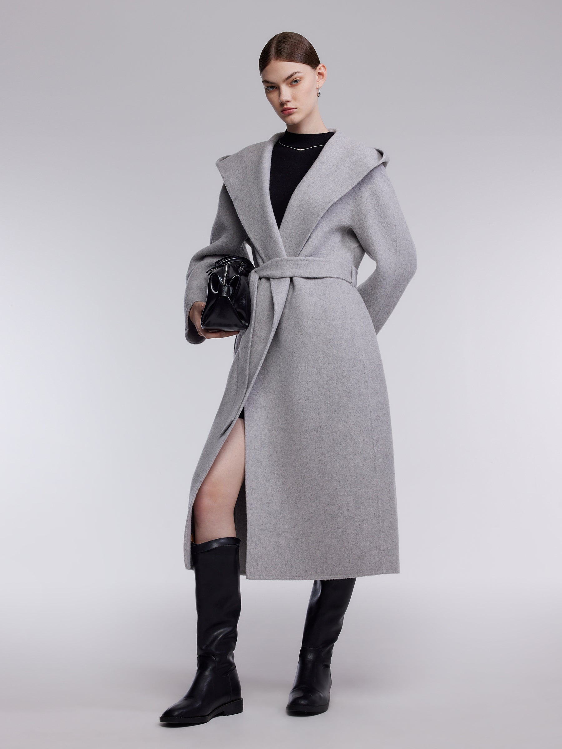 [Preview] Double-Faced Wool Yak Silk Blend Women Hooded Wrap Overcoat GOELIA