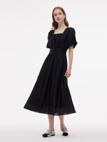 Tencel Blend Square Neck Women Puff Sleeve Maxi Dress GOELIA