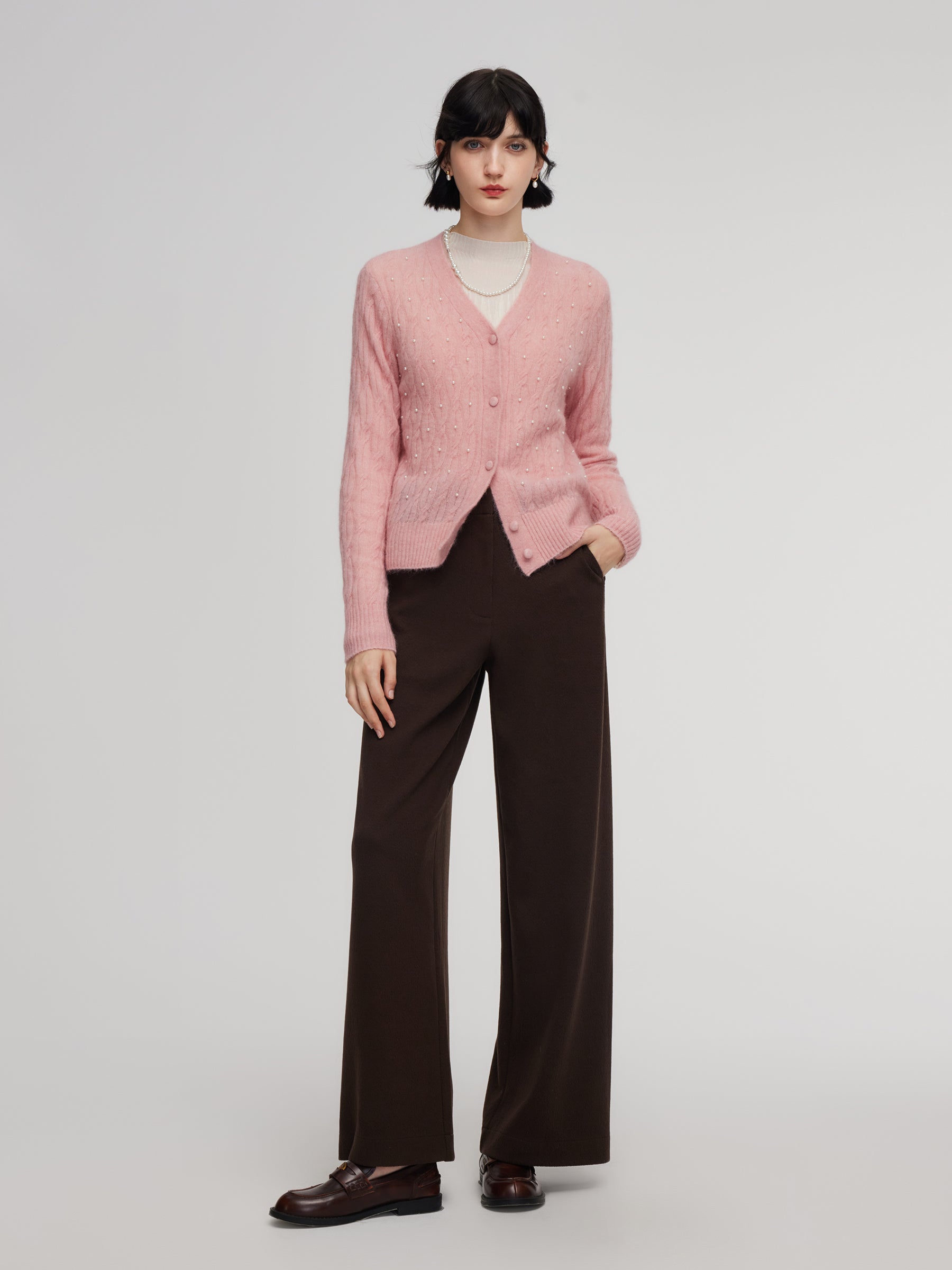 Mohair Wool Blend Beaded Women V-Neck Cardigan GOELIA