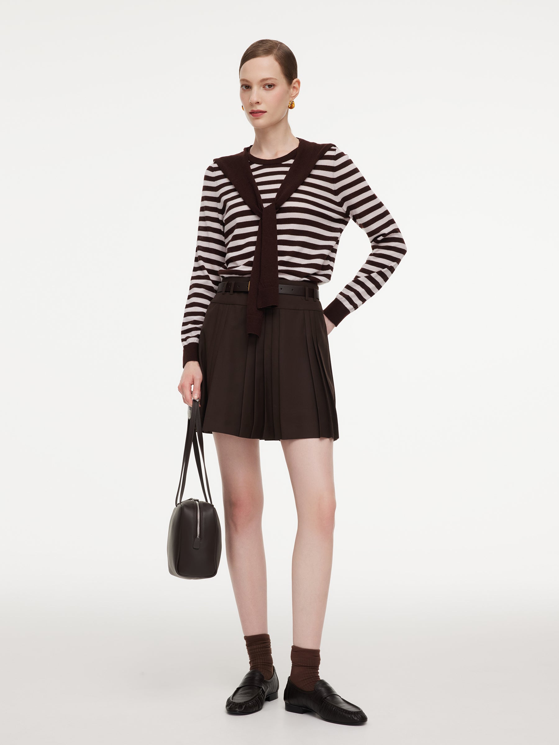 Wool Blend Stripe Women Knit Top With Detachable Sailor Collar GOELIA