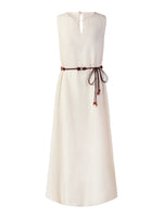 100% Ramie Bubble Hem Women Sleeveless Maxi Dress With Tie String Belt GOELIA