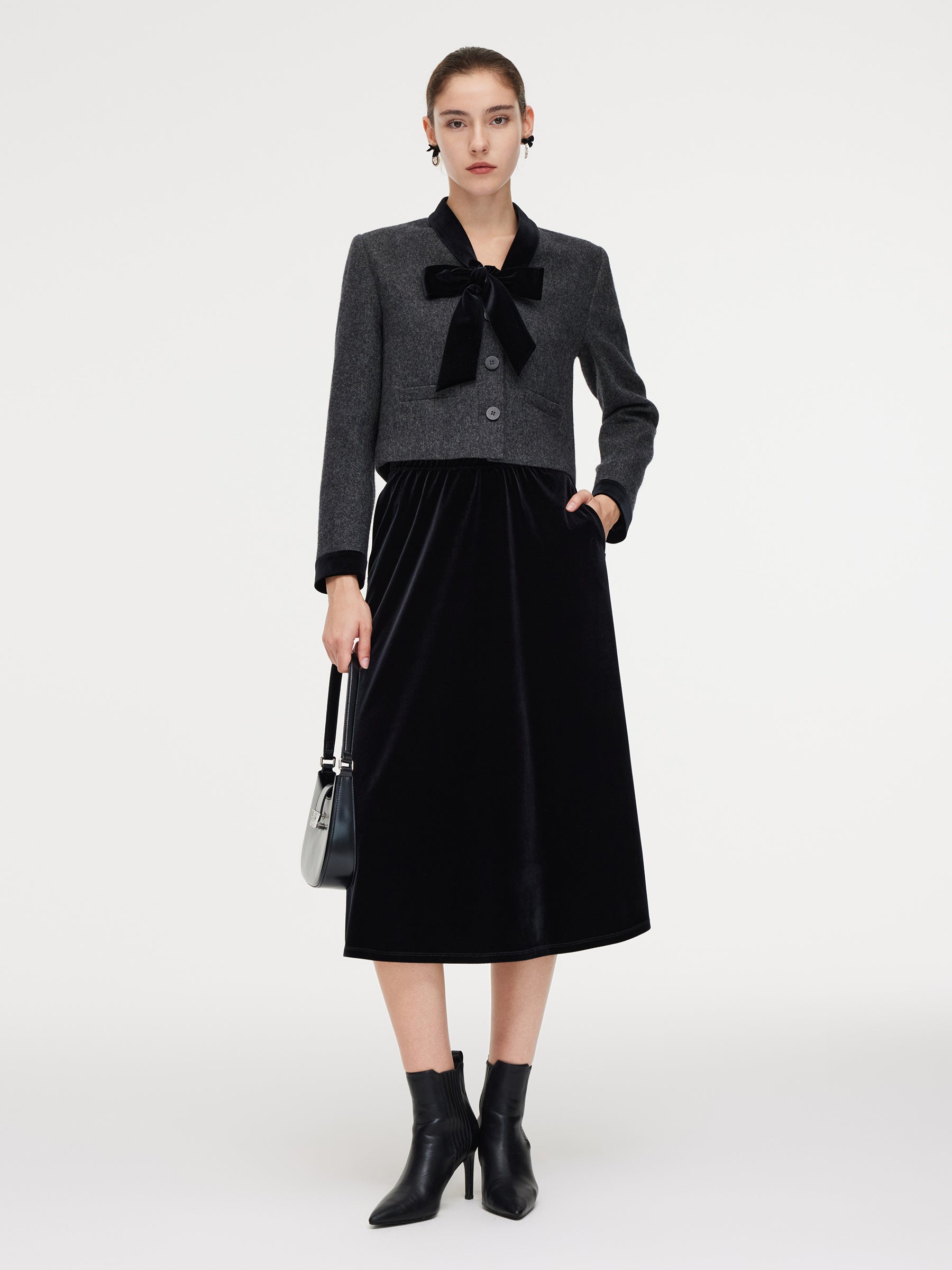 100% Washable Wool Jacket And Velvet Skirt Two-Piece Set With Ribbon GOELIA
