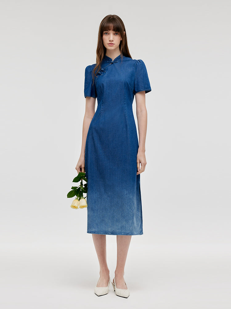 Gradient Denim Women Qipao Midi Dress GOELIA