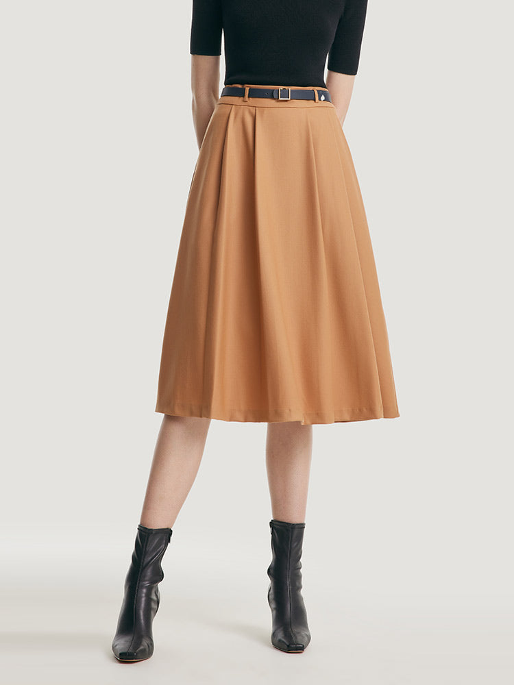 Worsted Woolen A-shaped Half Skirt With Leather Belt GOELIA