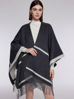 Cashmere Wool Contrast Border Fringed Poncho GOELIA