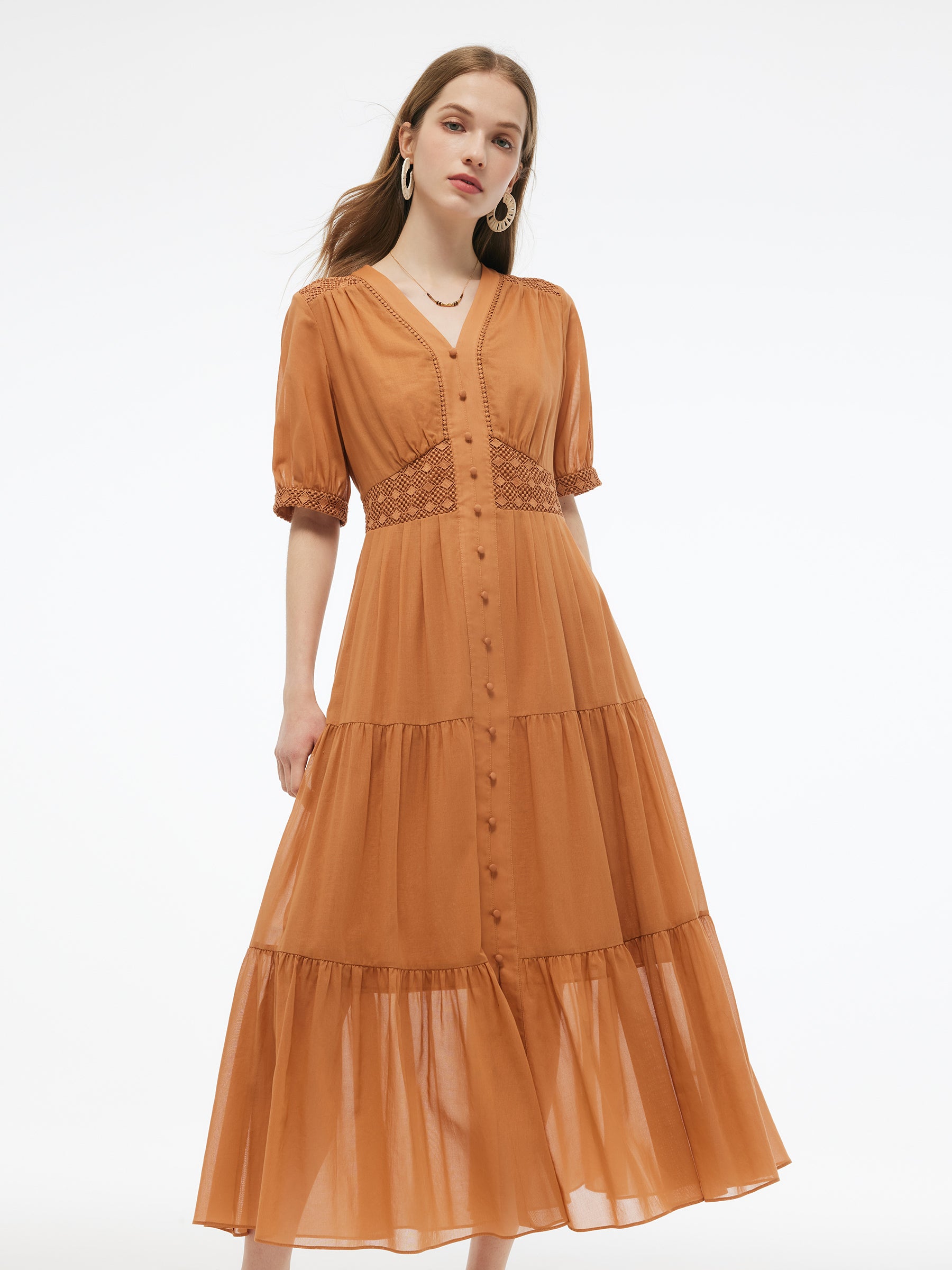 100% Cotton Patchwork Lace Embroidered Women Maxi Dress GOELIA