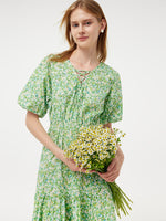 Cotton Floral Print Drawstring Front Women Mini Dress With Hairband GOELIA