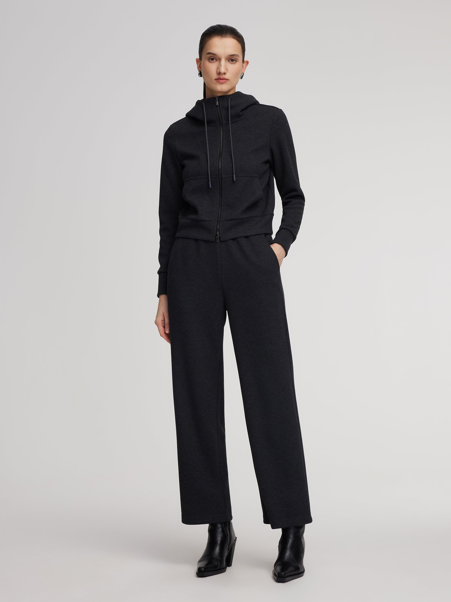[Preview] Drawstring Hooded Zip-Up Jacket And Pants Two-Piece Set GOELIA