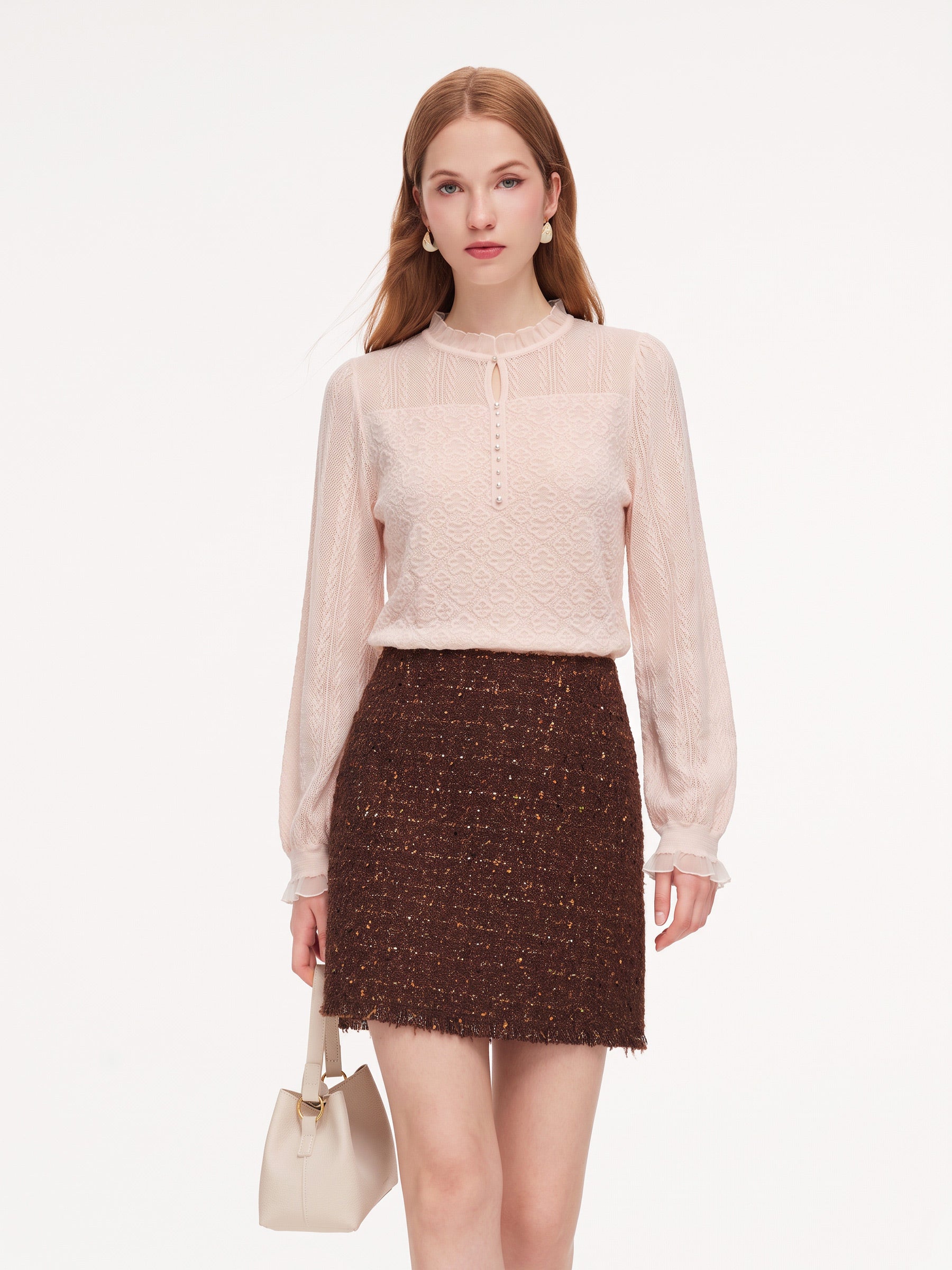 Jacquard Textured Ruffle Neck Women Knit Top GOELIA