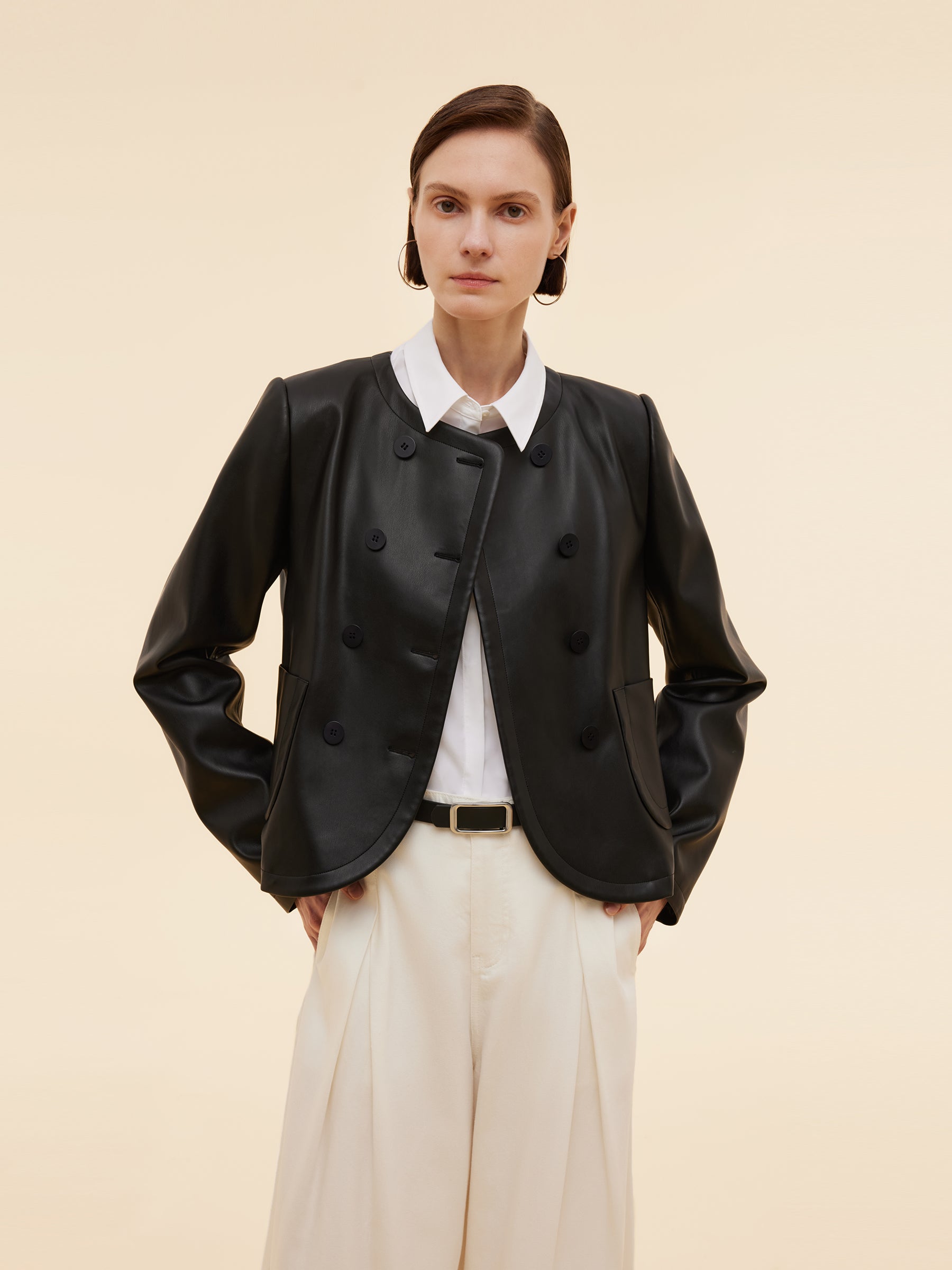 [Preview] PU Leather H-Line Women Crop Jacket GOELIA