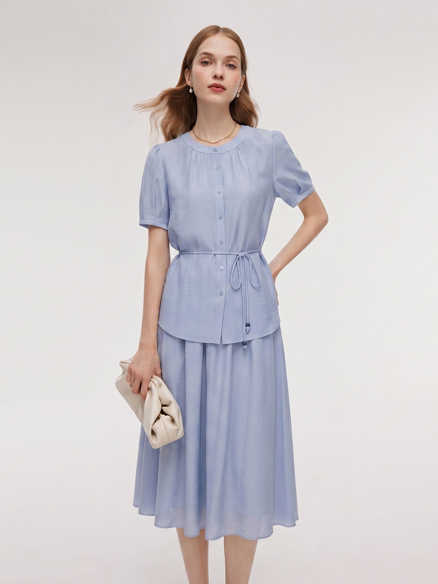 Acetate Blend Blouse And A-Line Skirt Belted Two-Piece Set GOELIA