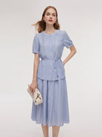 Acetate Blend Blouse And A-Line Skirt Belted Two-Piece Set GOELIA