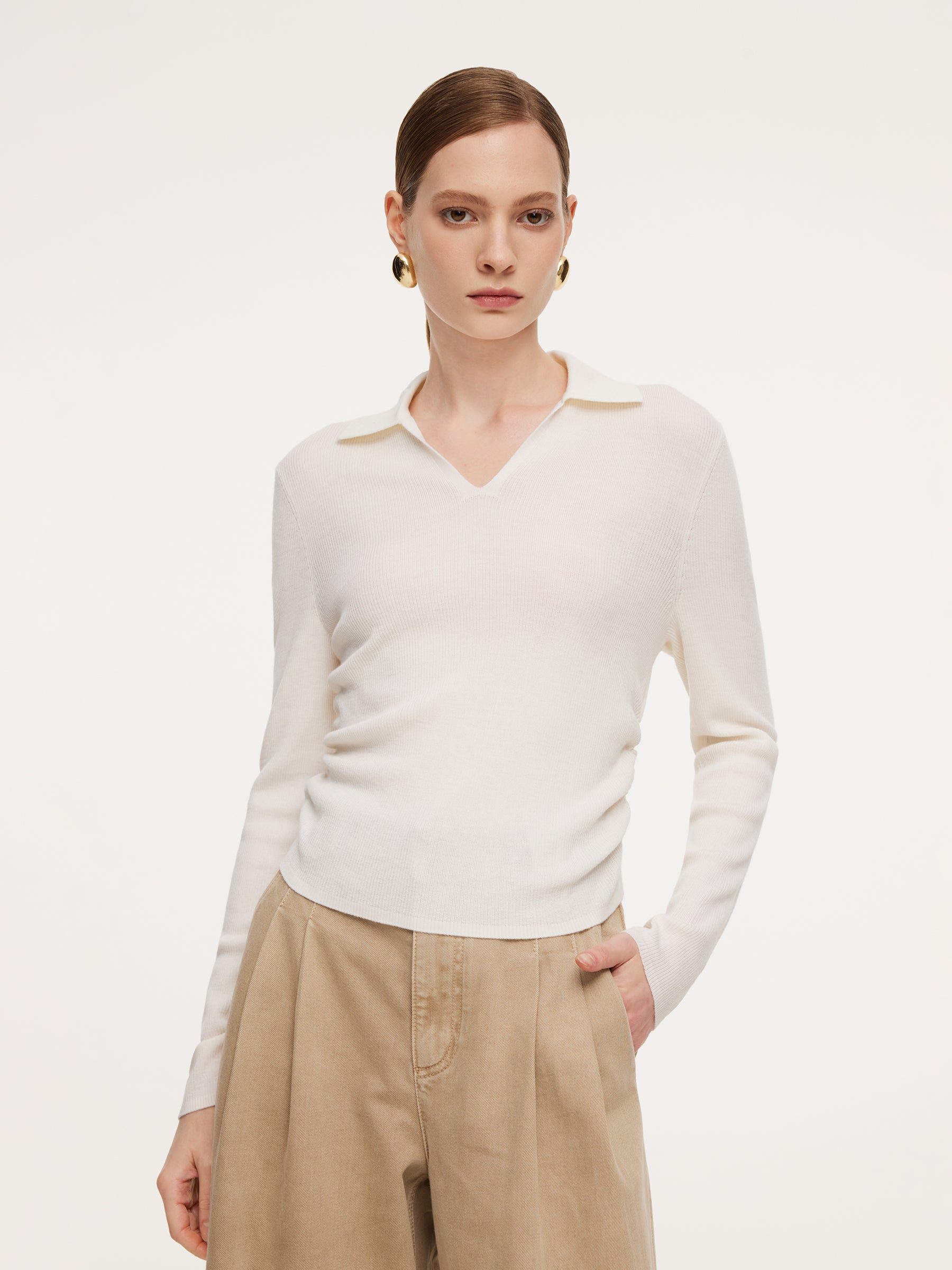 [Preview] 100% Wool V-Neck Ruched Women Polo Knit Top GOELIA