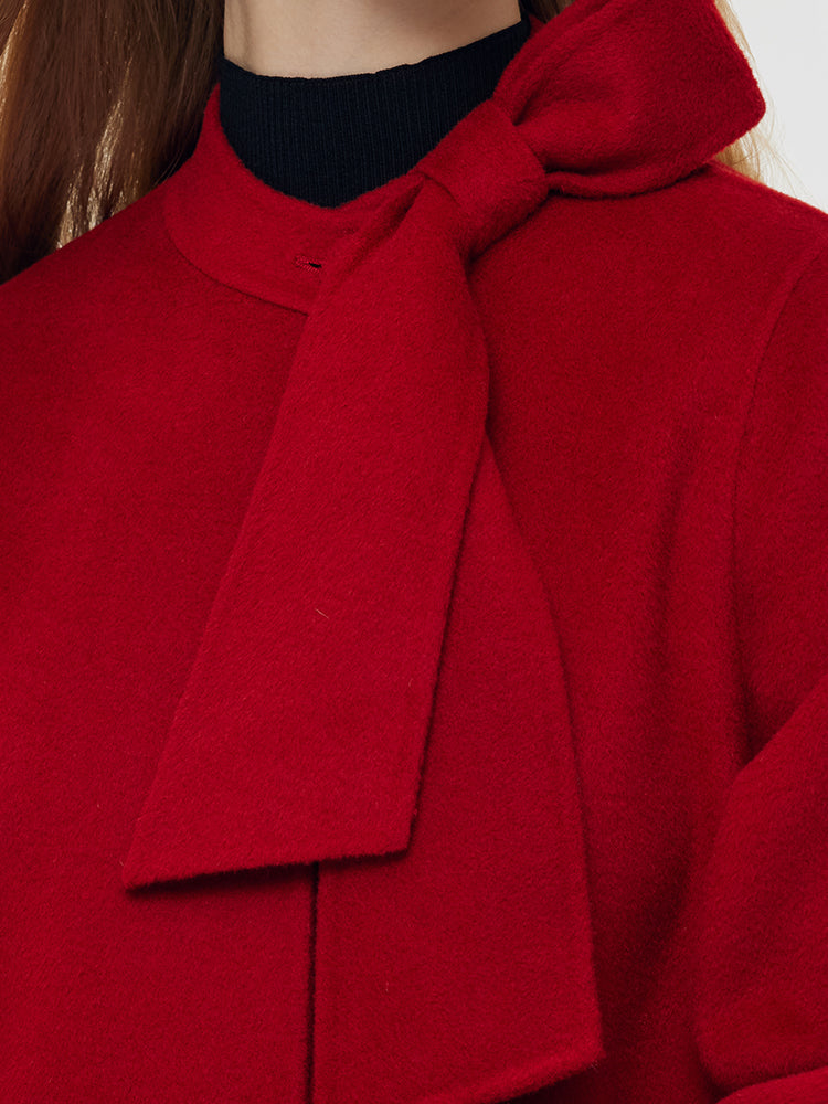 Tencel Wool Women Coat With Detachable Bowknot GOELIA