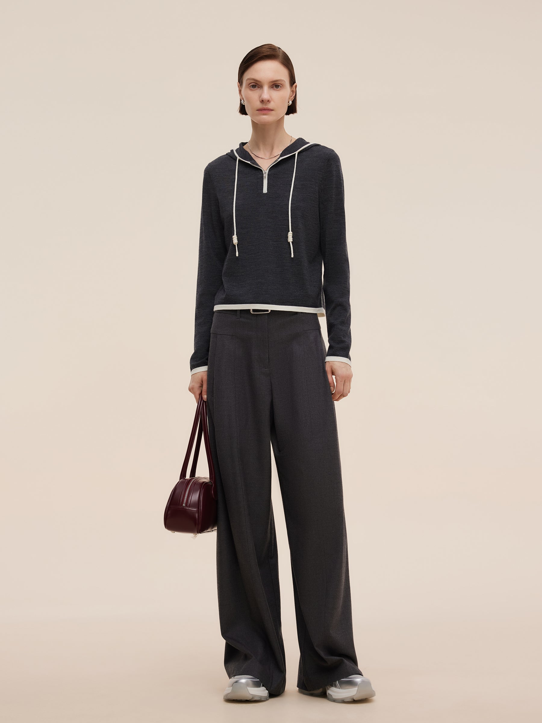 Wool Blend Half-Zip Contrast Trim Women Hoodie GOELIA