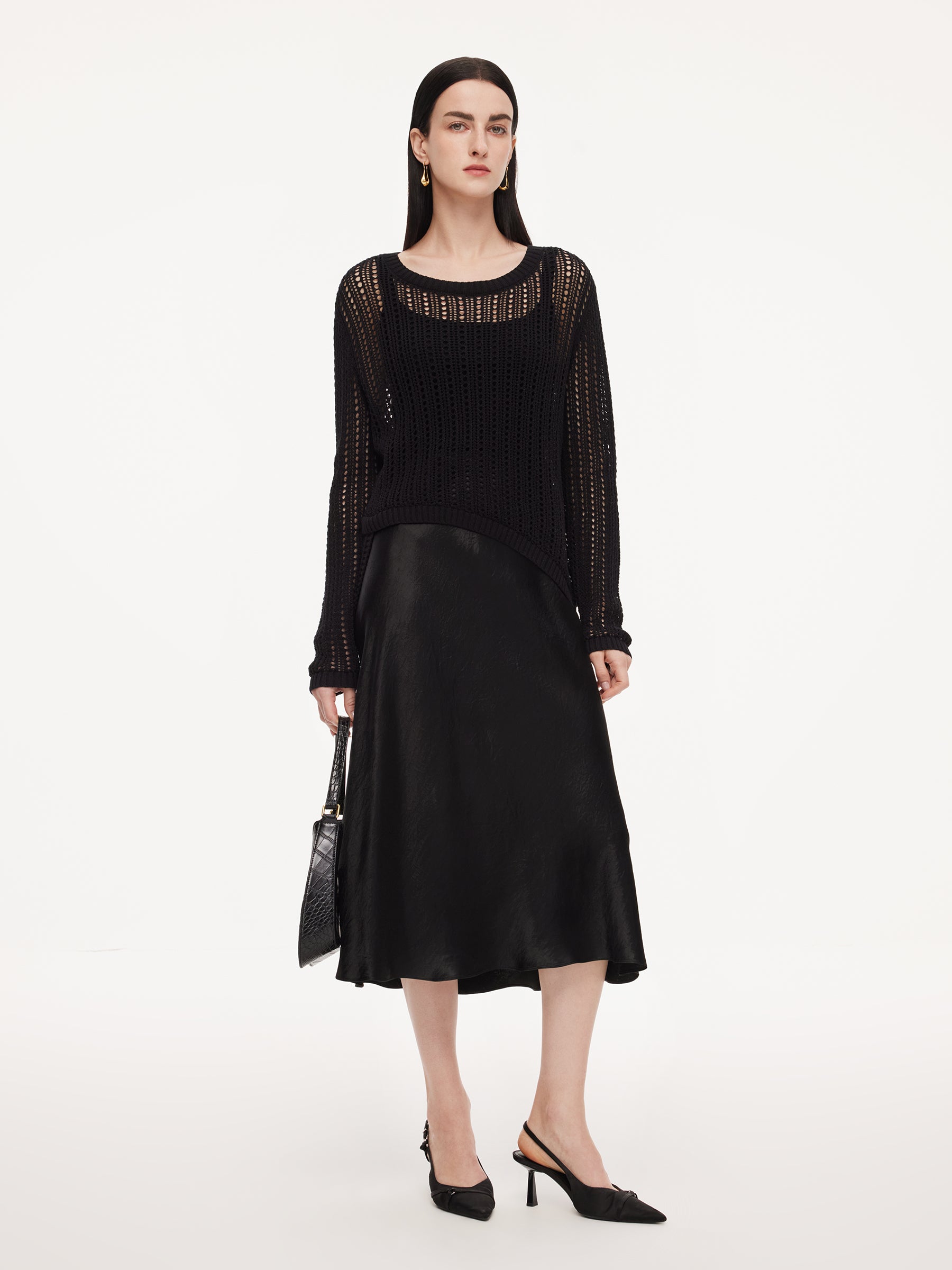 100% Acetate Openwork Pullover & Tank Top & Skirt Three-Piece Set GOELIA