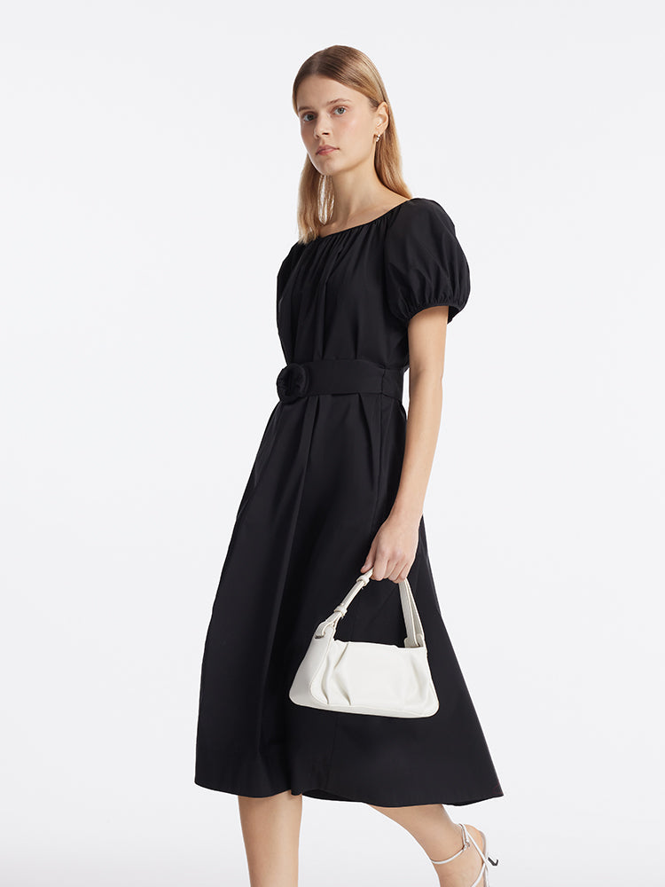 Puff Sleeves Women Midi Dress With Belt GOELIA