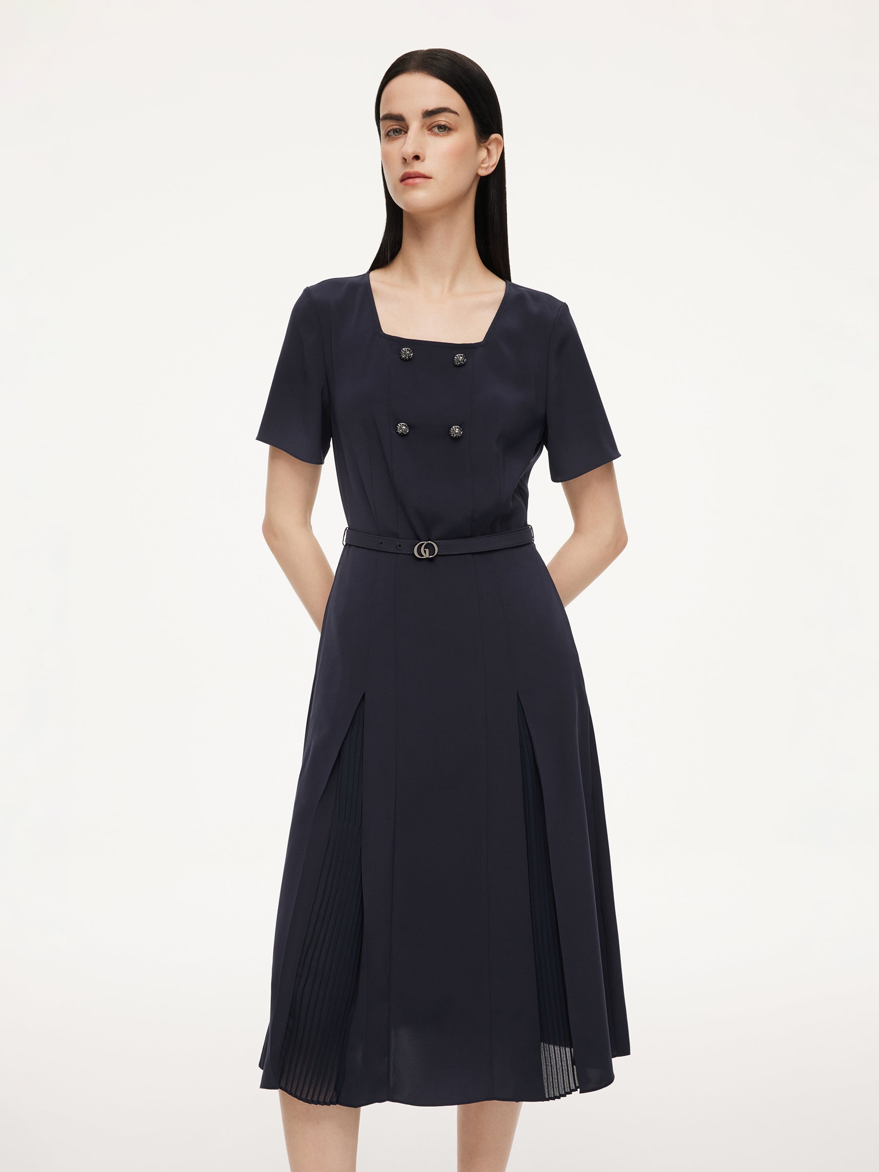 [Preview] Triacetate Blend Square Neck Women Midi Dress With Belt GOELIA