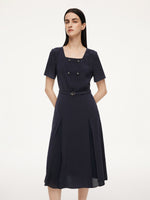 [Preview] Triacetate Blend Square Neck Women Midi Dress With Belt GOELIA