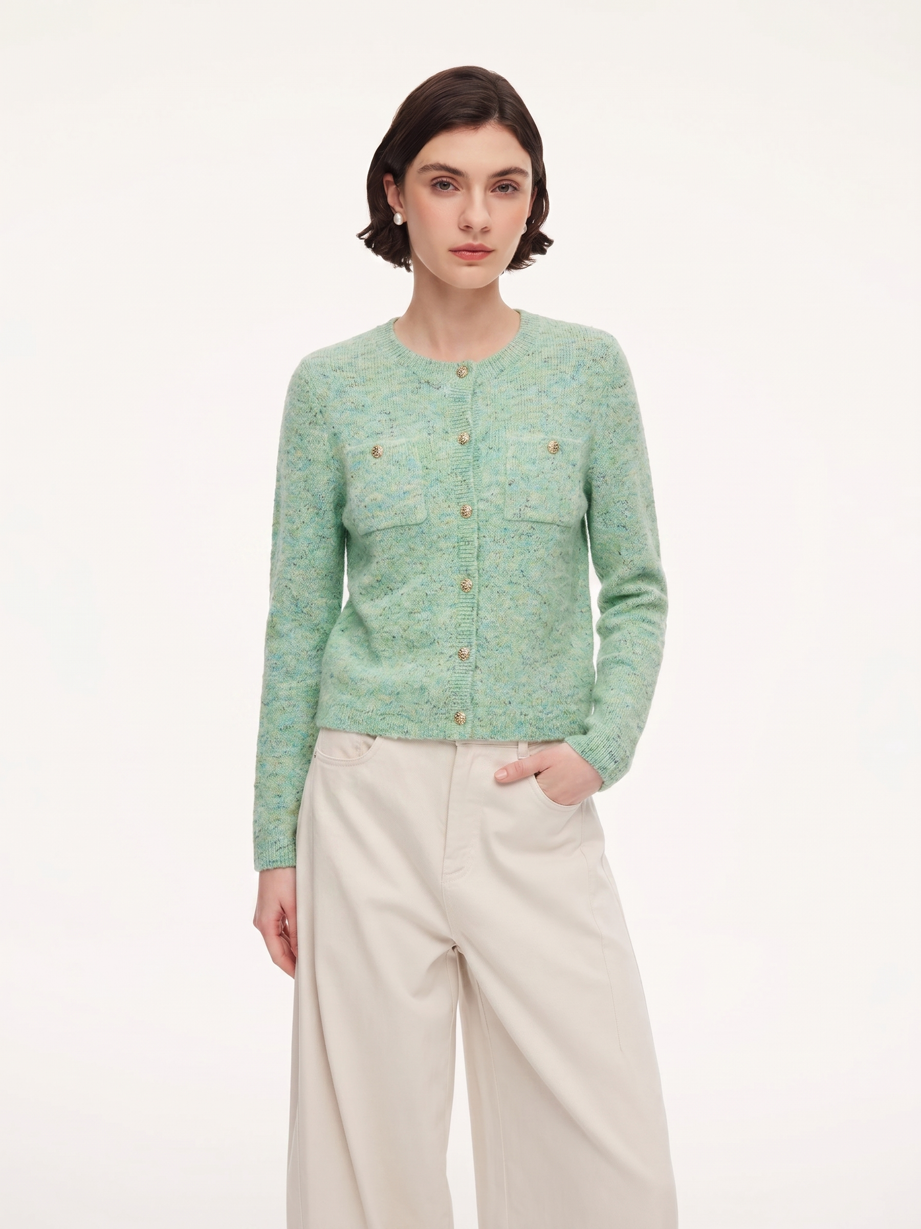 Melange Green Single Breasted Women Cardigan GOELIA