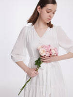 White V-Neck Gathered Waist Midi Dress GOELIA
