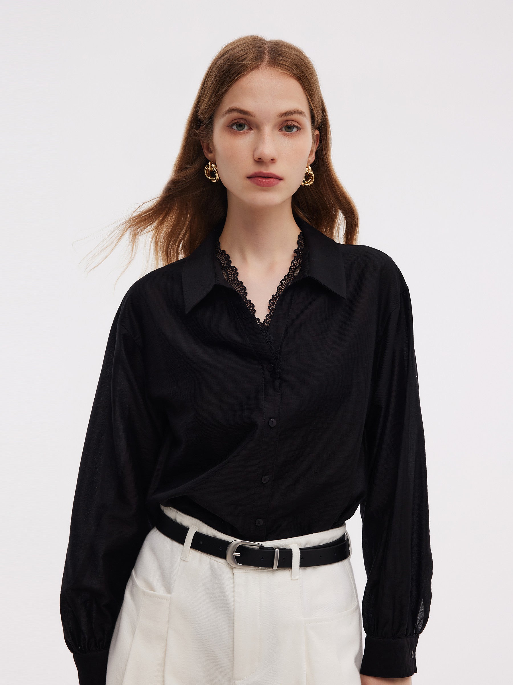 Tencel Blend Lace V-Neck Women Mock Layered Shirt GOELIA