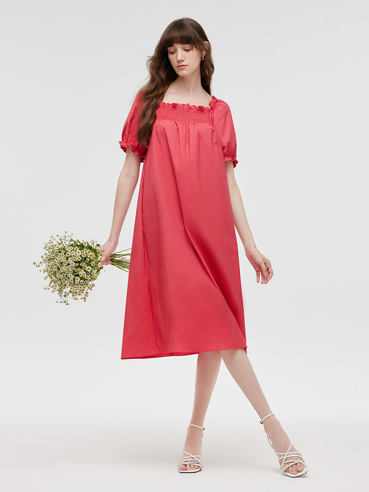 Square Neck Puff Sleeves Women Midi Dress GOELIA