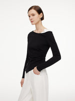 Boat Neck Asymmetrical Hem Women Color Block Knit Top GOELIA