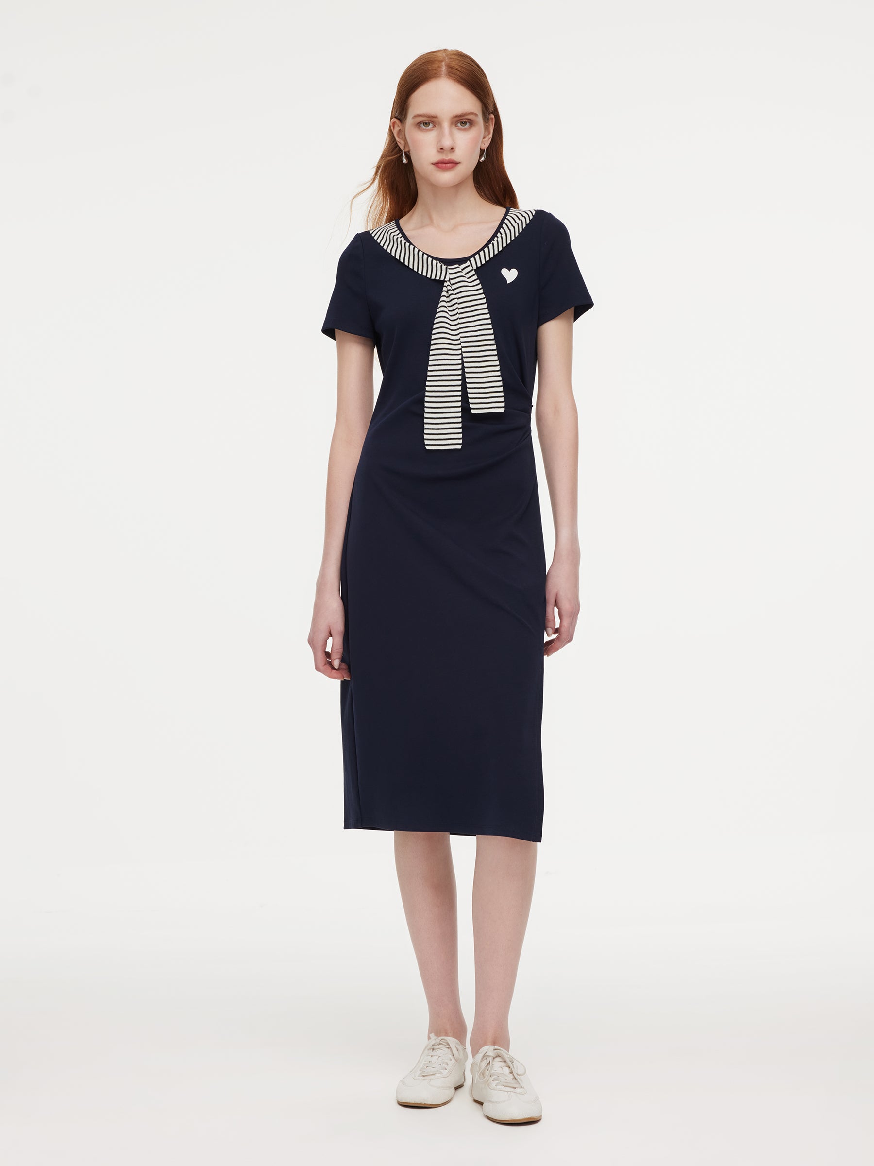 Stripe Scarf Neck Women Slit Knit Midi Dress GOELIA