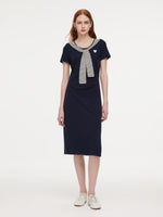 Stripe Scarf Neck Women Slit Knit Midi Dress GOELIA