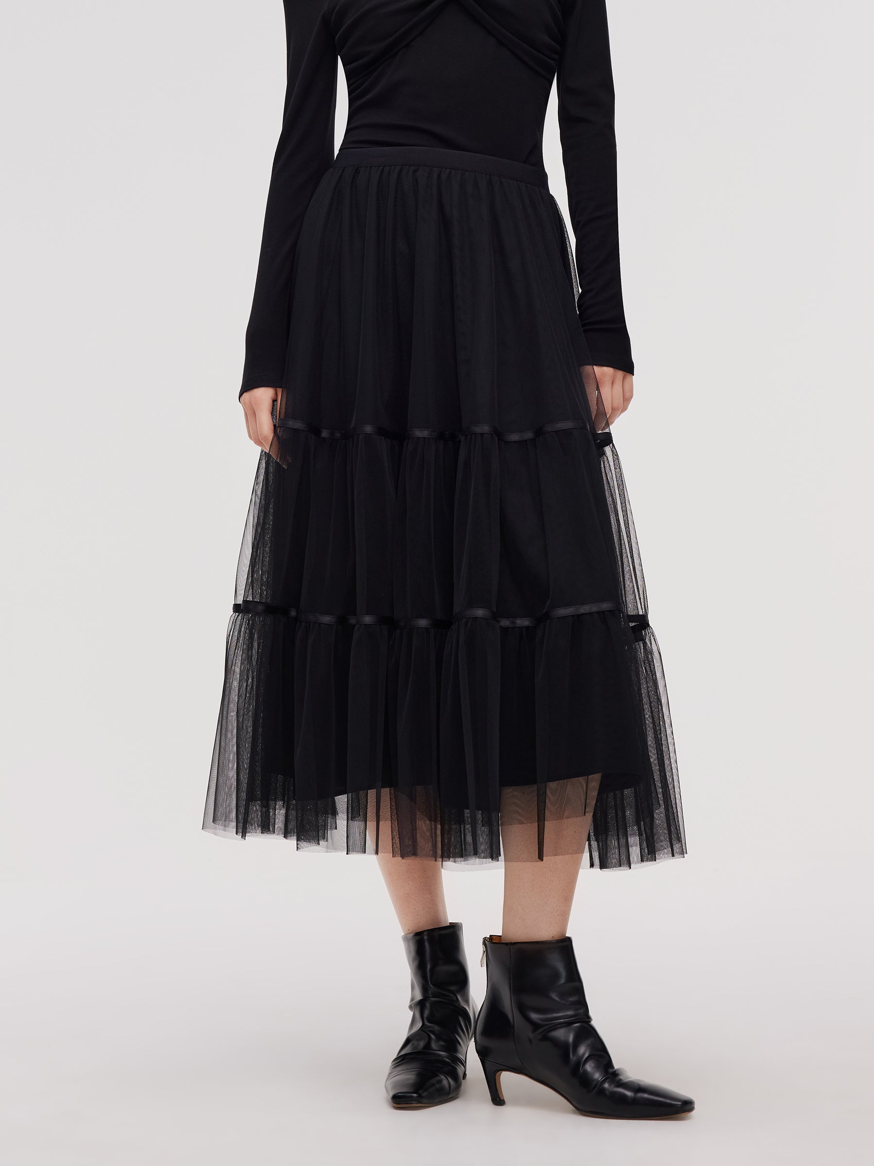 Mesh Tiered Women Elastic Waist Skirt GOELIA