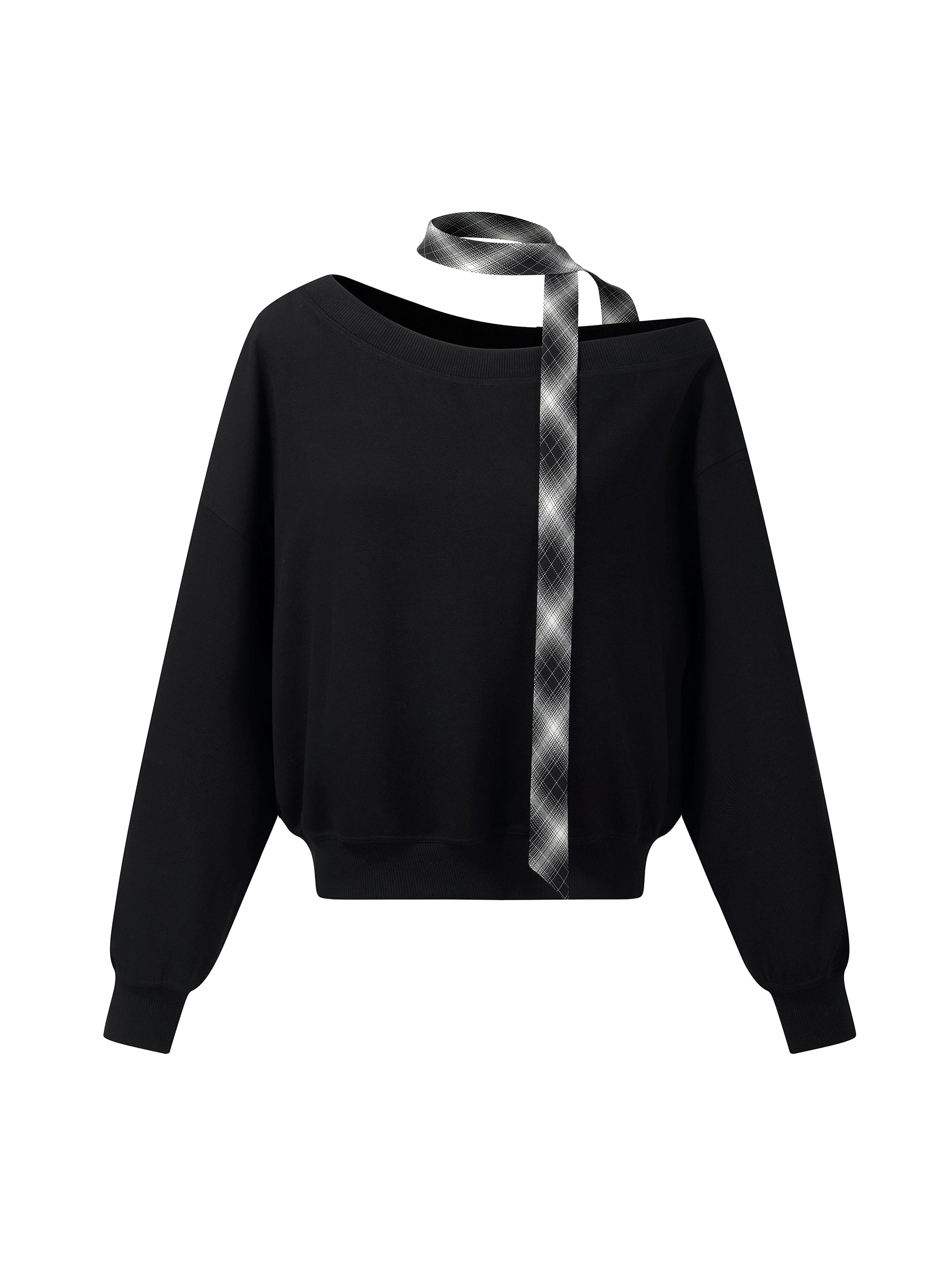 [Preview] Cotton Scuba One-Shoulder Women Sweatshirt With Plaid Ribbon GOELIA