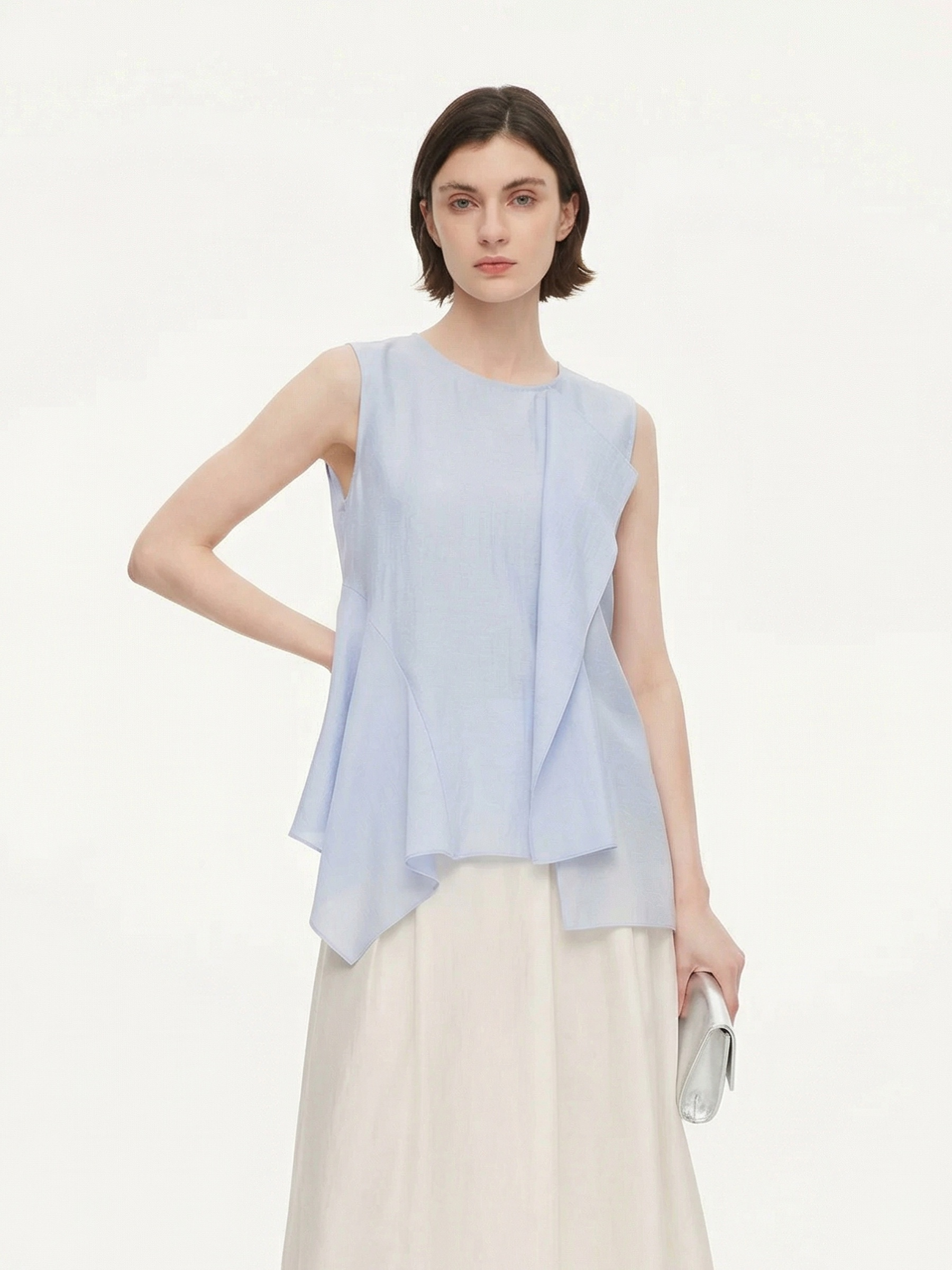 Lyocell Blend Light Blue Ruffle-Detailing Women Tank Top GOELIA