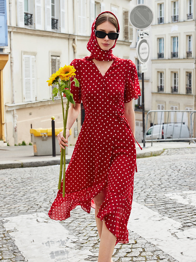 white christmas dresses GRACIA MINI DRESS IN IVORY RED POLKA DOT SILK CHIFFON – DE LA VALI OFFICIAL main image 0