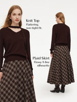 V-Neck Knit Top And Plaid Skirt Two-Piece Set With Ribbon GOELIA