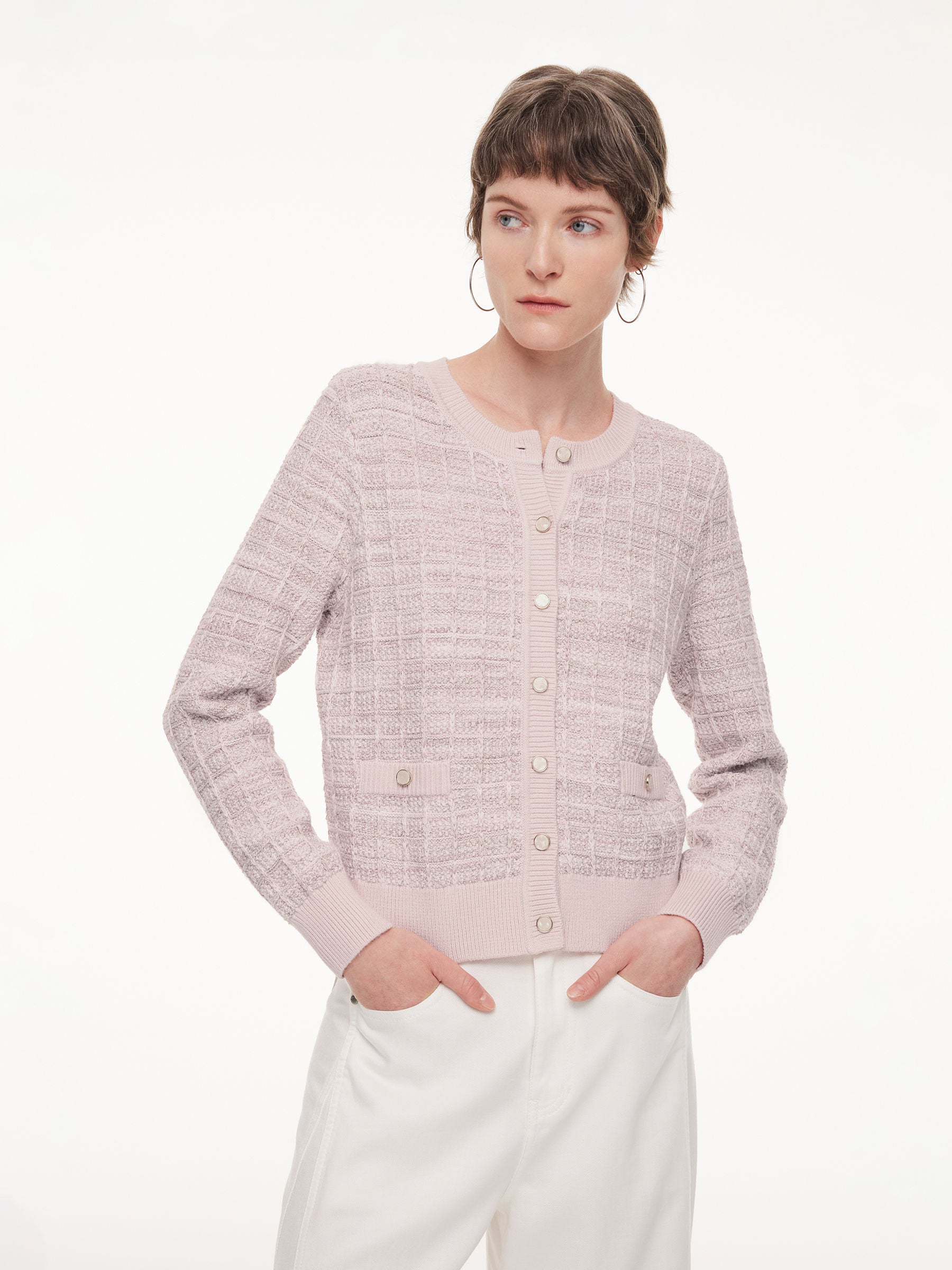 Textured Round Neck Women Stretchy Cardigan GOELIA