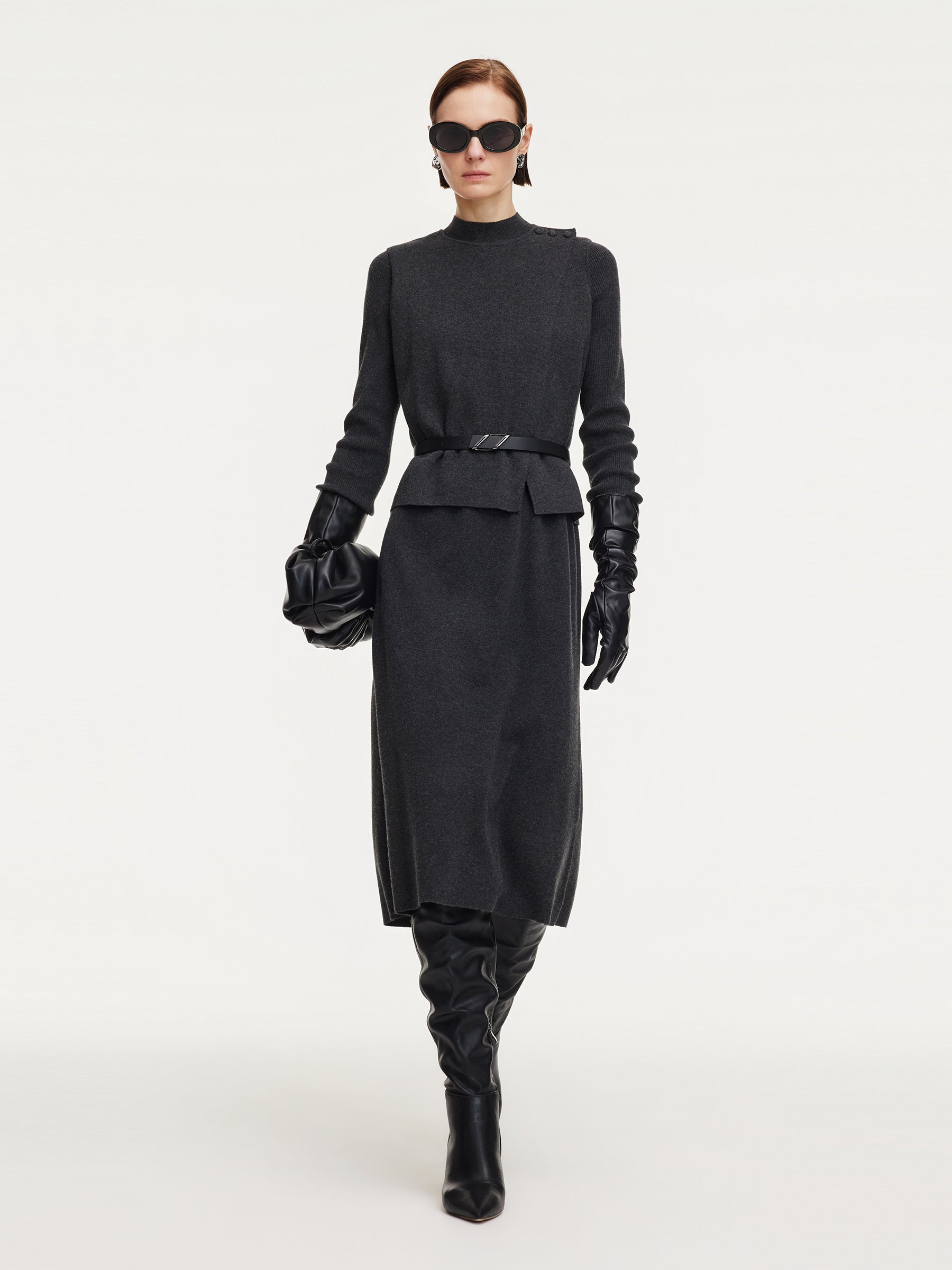 [Preview] Asymmetrical Knit Top And Dress Two-Piece Set With Belt GOELIA