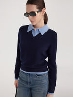 100% Wool Color Block Faux Two-Piece Women Sweater GOELIA