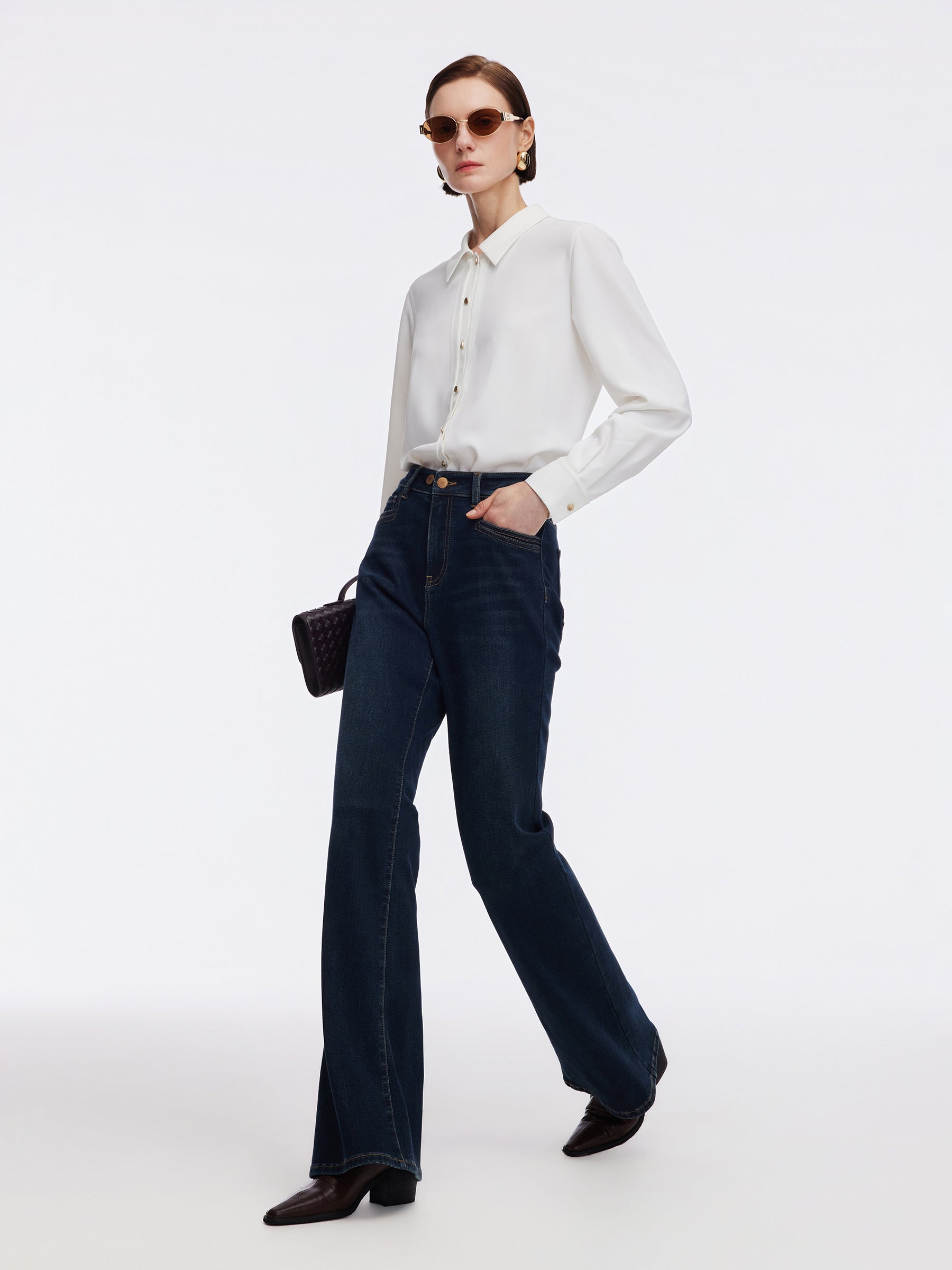 Denim Fleece Lined Women Flared Jeans GOELIA