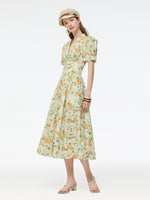 Cotton Gathered Waist Floral Print Women Maxi Dress GOELIA