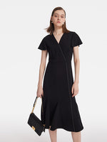 Triacetate V-Neck Ruffle Women Midi Dress GOELIA