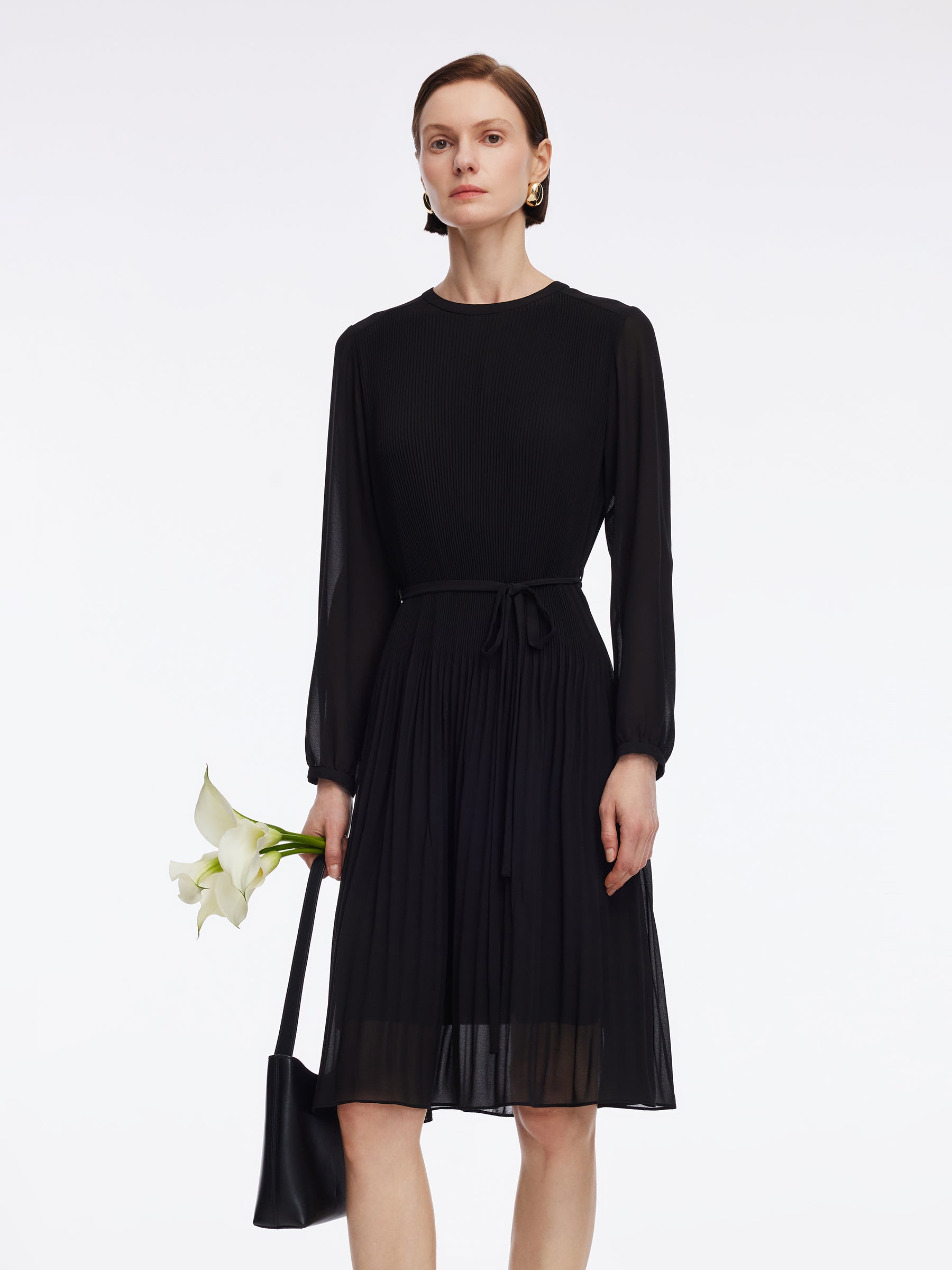 [Preview] A-Line Pleated Self-Tie Belt Women Midi Dress GOELIA
