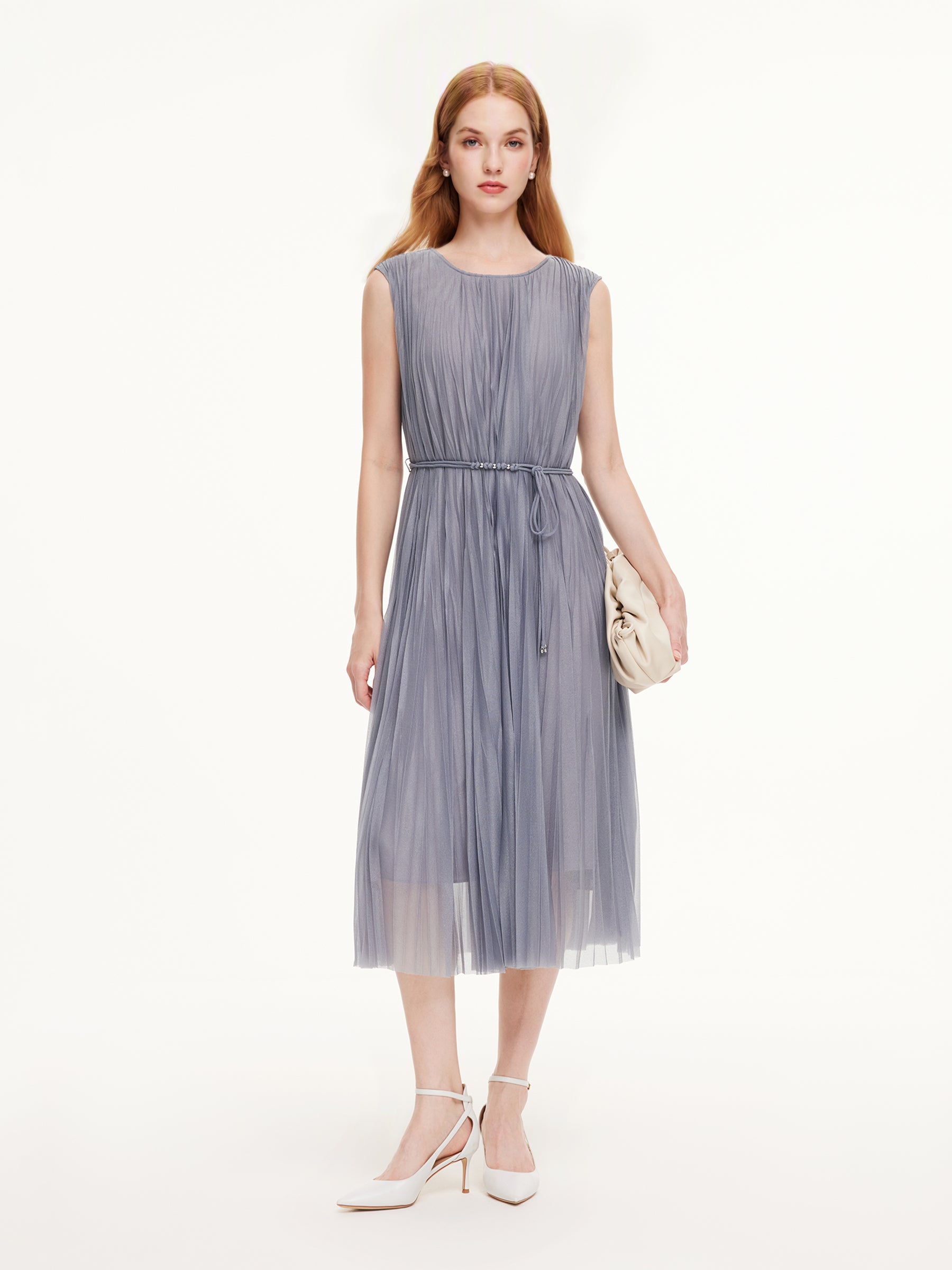 One-Size Flexible-Fit Pleated Sleeveless Women Belted Maxi Dress GOELIA